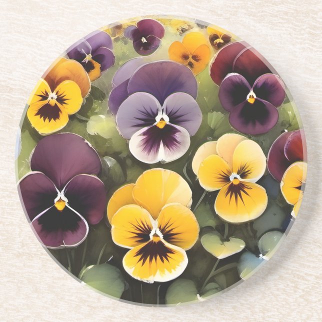 Yellow and purple pansies watercolor painting coaster (Front)