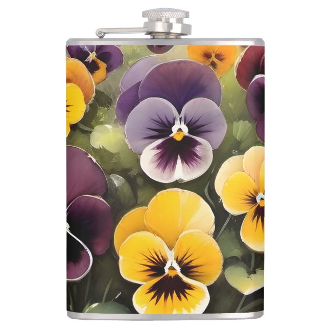 Yellow and purple pansies watercolor painting hip flask (Front)
