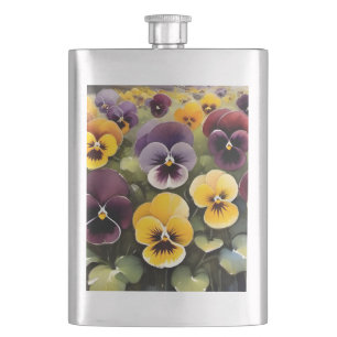 Yellow and purple pansies watercolor painting hip flask