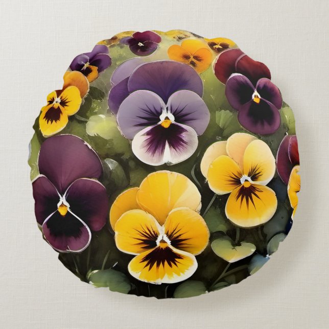 Yellow and purple pansies watercolor painting round cushion (Front)