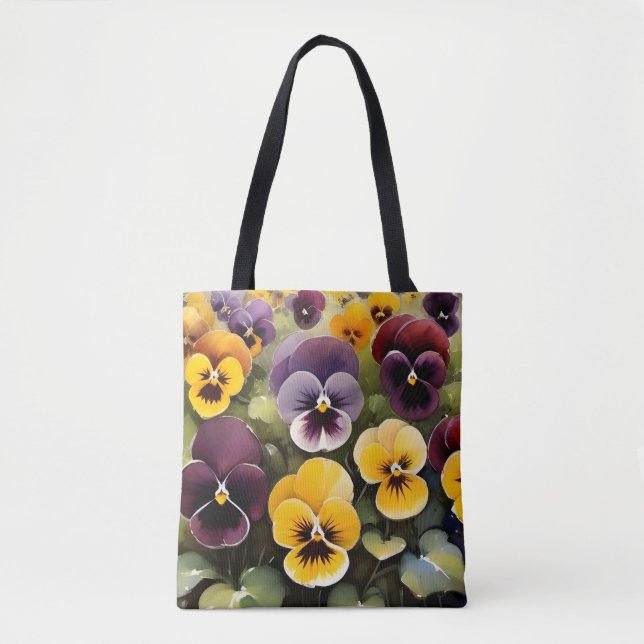 Yellow and purple pansies watercolor painting tote bag (Front)