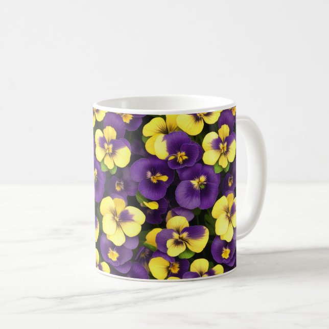 Yellow and Purple Pansy Flowers Coffee Mug (Front Right)