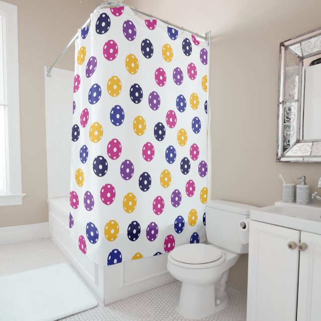 💛Yellow and 💜purple pickleballs on white Shower Curtain (In Situ)