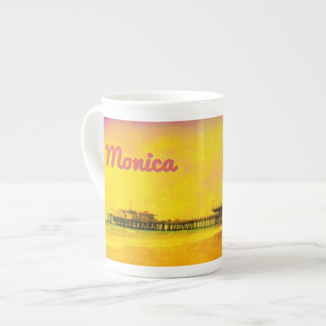 Yellow and Purple Santa Monica Pier Your Name Bone China Mug (Front Left)