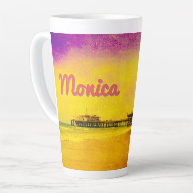 Yellow and Purple Santa Monica Pier Your Name Latte Mug (Left Angle)