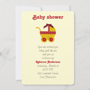 Yellow and red baby carriage for baby girl shower invitation