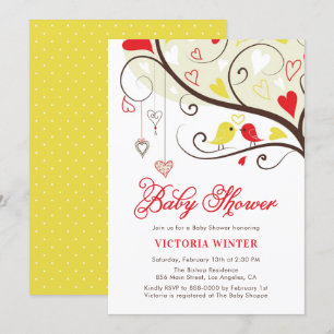 Yellow and Red Birds and Heartstrings Baby Shower Invitation