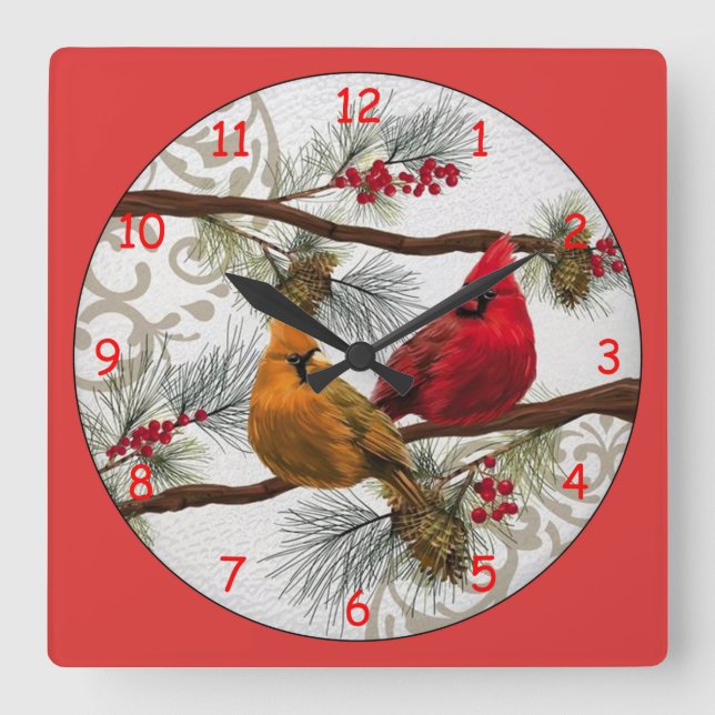 Yellow and Red Cardinals Square Wall Clock (Front)