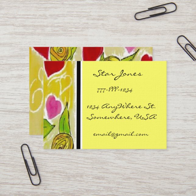 Yellow and Red Floral Hearts and Flowers Business Card (Front/Back In Situ)