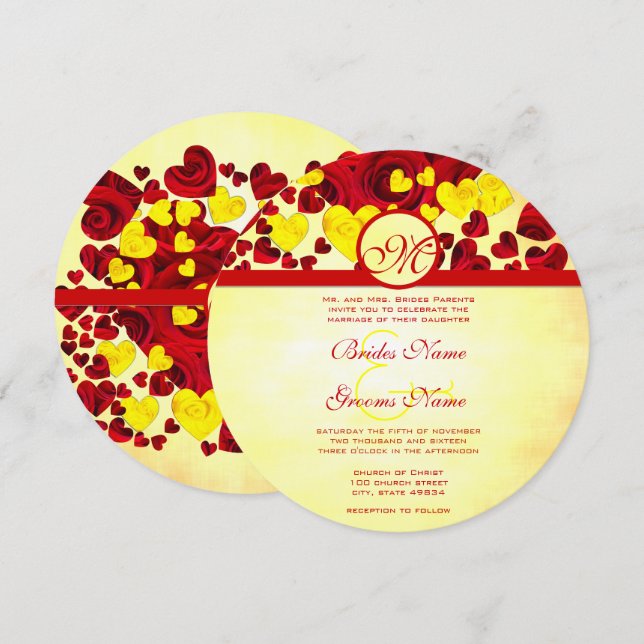 Yellow and Red Heart Gold Roses Wedding Invitation (Front/Back)