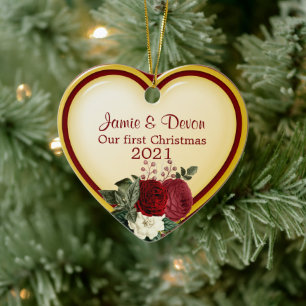 Yellow and Red Heart Newly Weds First Christmas  Ceramic Tree Decoration