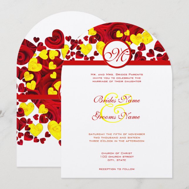 Yellow and Red Heart Roses Wedding Invitation (Front/Back)