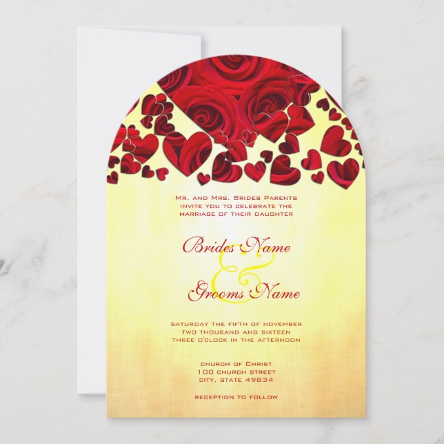 Yellow and Red Heart Roses Wedding Invitation (Front)