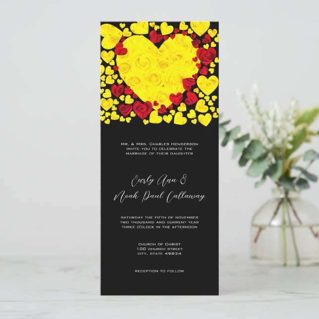 Yellow and Red Heart Roses Wedding Invitation (Standing Front)