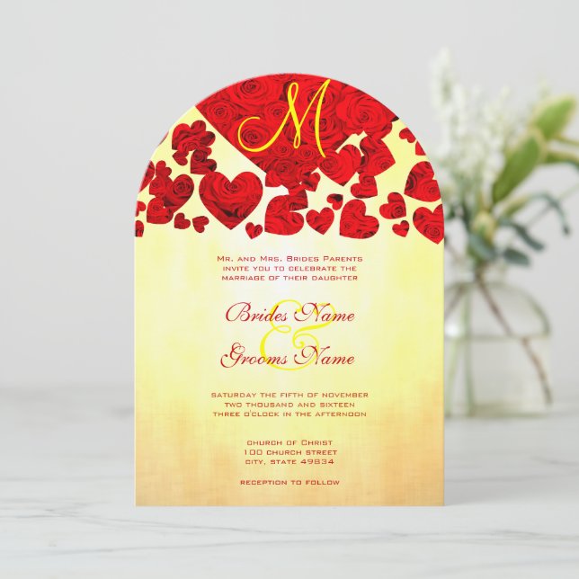 Yellow and Red Heart Roses Wedding Invitation (Standing Front)