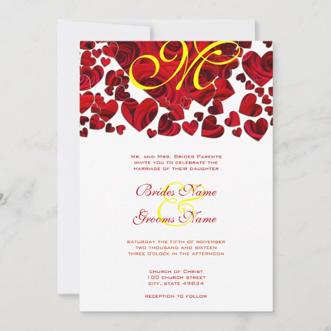 Yellow and Red Heart Roses Wedding Invitation (Front)