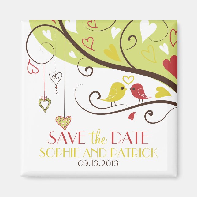 Yellow and Red Lovebirds Save the Date Magnet (Front)