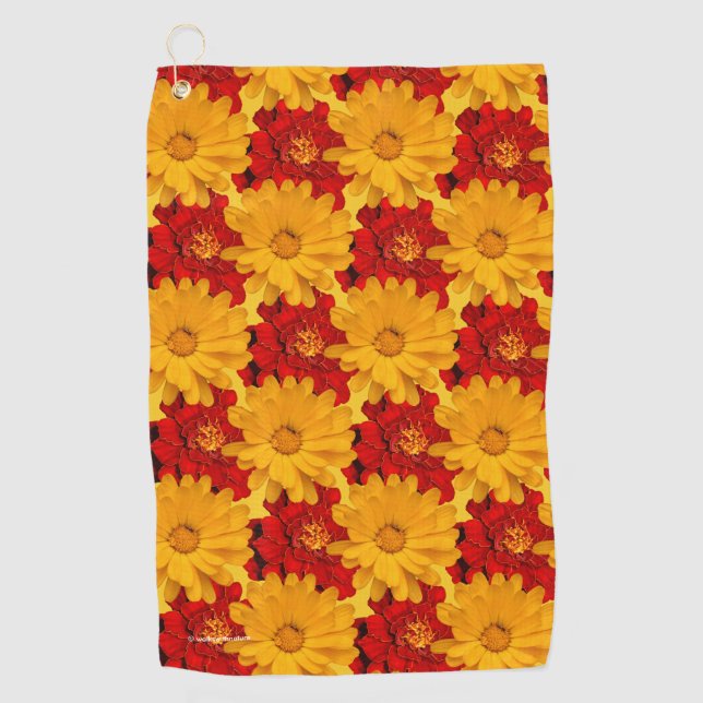 Yellow and Red Marigold Flowers Golf Towel (Front)
