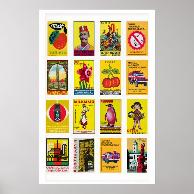 Yellow and Red Matchbox Label Collage, statement Poster (Front)