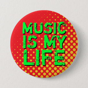 Yellow and Red Retro Halftone I Love Music Button