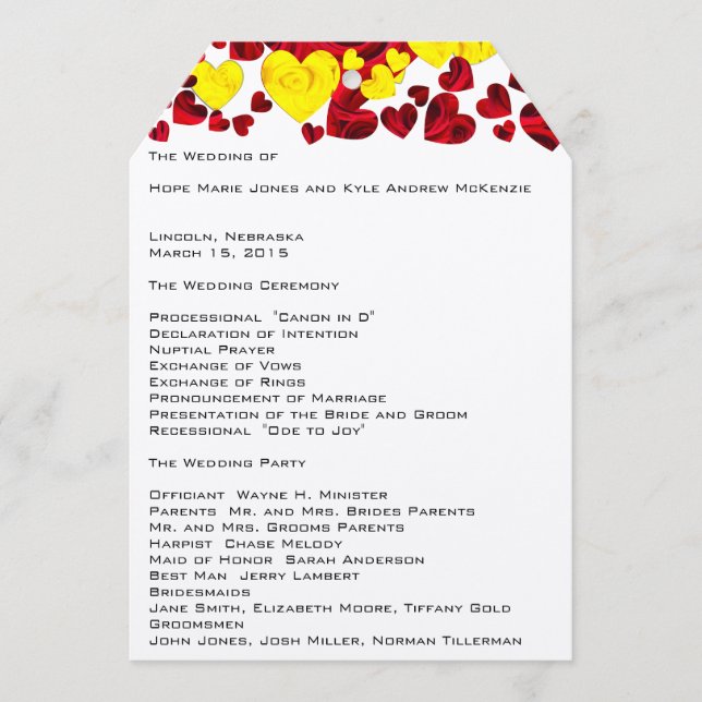 Yellow and Red Roses Wedding Program Programme (Front)