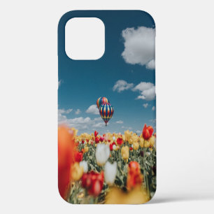 Yellow and red tulip flowers under hot air balloon iPhone 12 case