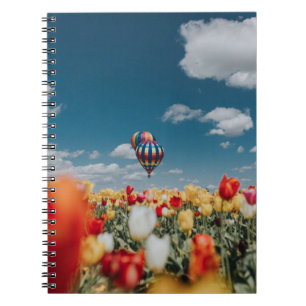 Yellow and red tulip flowers under hot air balloon notebook