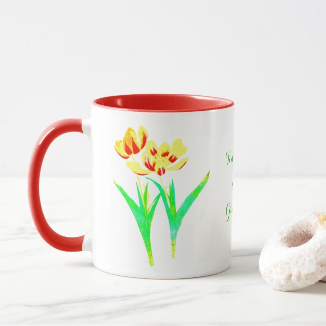 Yellow and Red Tulips Combo Mug With Text (With Donut)
