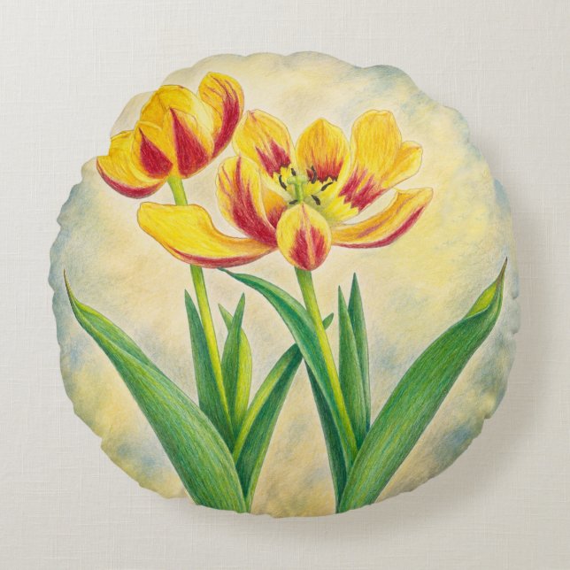 Yellow and Red Tulips Round Cushion (Front)