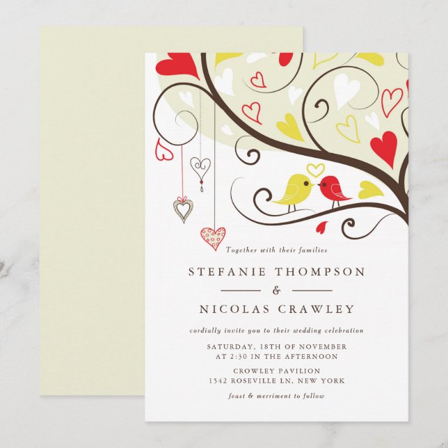 Yellow and Red Whimsical Lovebirds Wedding Invitation (Front/Back)