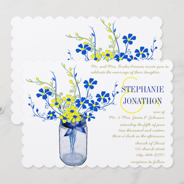 Yellow and Royal Blue Mason Jar Wildflower Wedding Invitation (Front/Back)