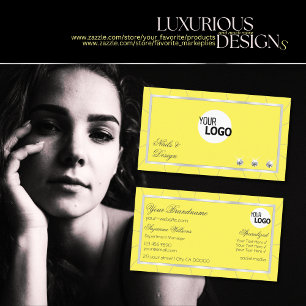 Yellow and Silver Frame Chic with Diamonds & Logo Business Card