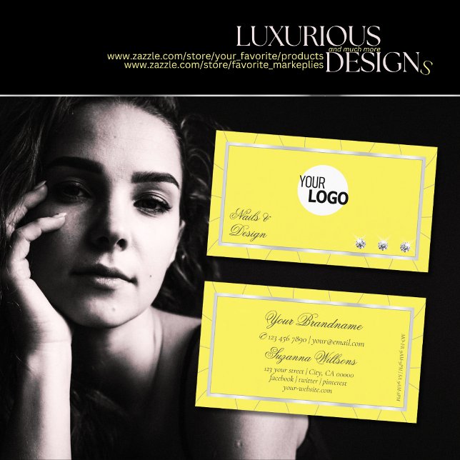 Yellow and Silver Frame with Luxe Diamonds & Logo Business Card (Creator Uploaded)