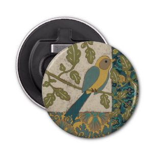 Yellow and Teal Blue Bird Perched on a Branch Bottle Opener