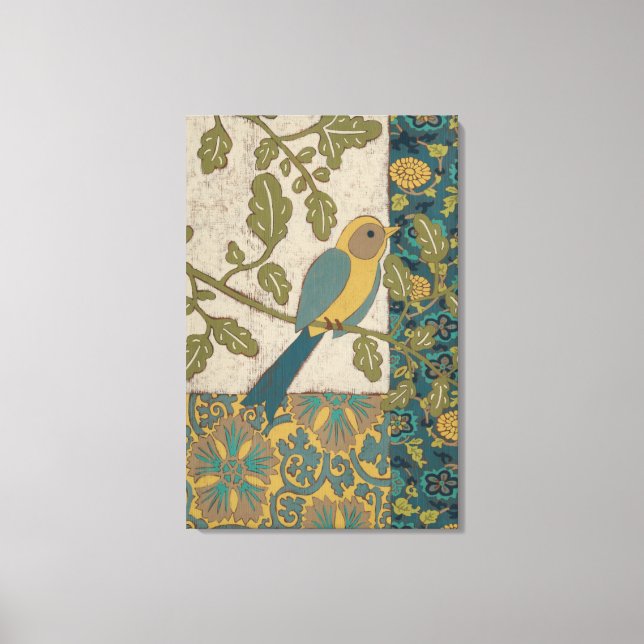 Yellow and Teal Blue Bird Perched on a  Branch Canvas Print (Front)