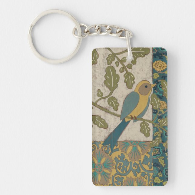 Yellow and Teal Blue Bird Perched on a  Branch Key Ring (Front)