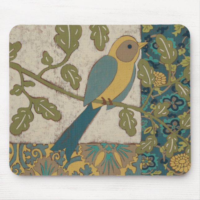 Yellow and Teal Blue Bird Perched on a  Branch Mouse Mat (Front)