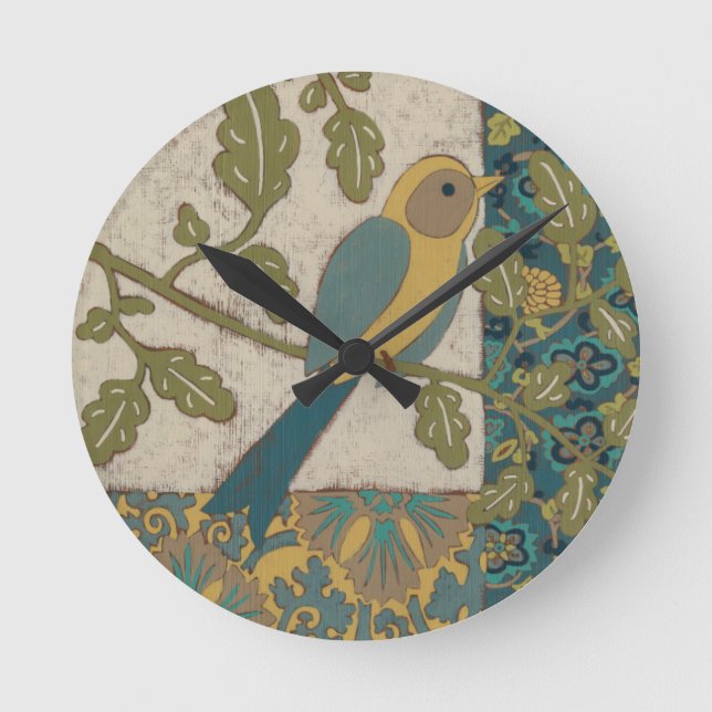 Yellow and Teal Blue Bird Perched on a  Branch Round Clock (Front)