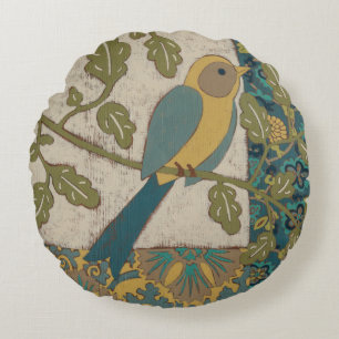 Yellow and Teal Blue Bird Perched on a  Branch Round Cushion