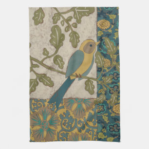 Yellow and Teal Blue Bird Perched on a Branch Tea Towel