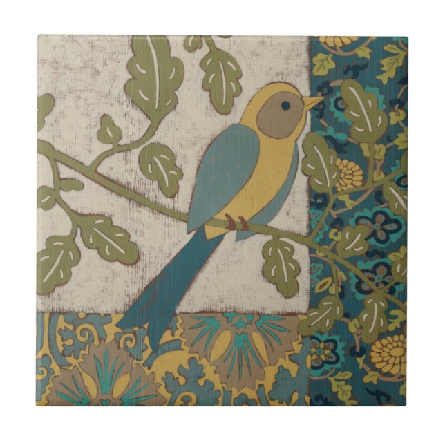 Yellow and Teal Blue Bird Perched on a  Branch Tile (Front)
