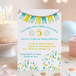 Yellow and Teal Firecracker, Fireworks Birthday Invitation