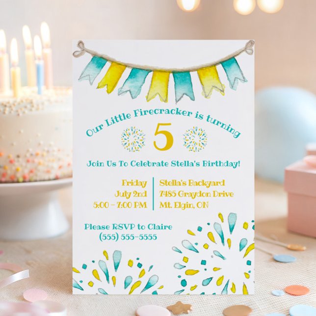 Yellow and Teal Firecracker, Fireworks Birthday Invitation (Creator Uploaded)