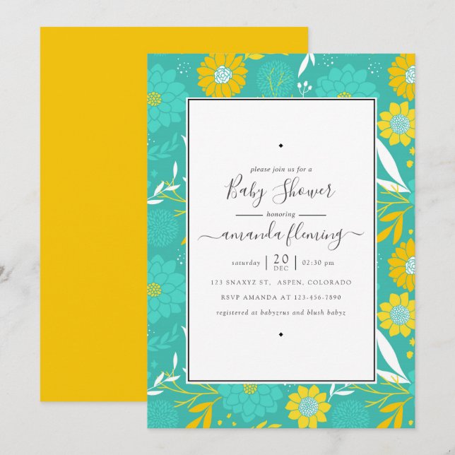 Yellow and Teal Floral Baby Shower Invitation (Front/Back)