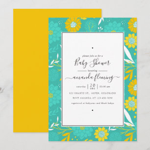 Yellow and Teal Floral Baby Shower Invitation