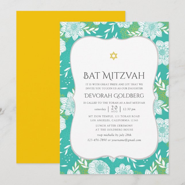 Yellow and Teal Floral Bat Mitzvah Invitation (Front/Back)