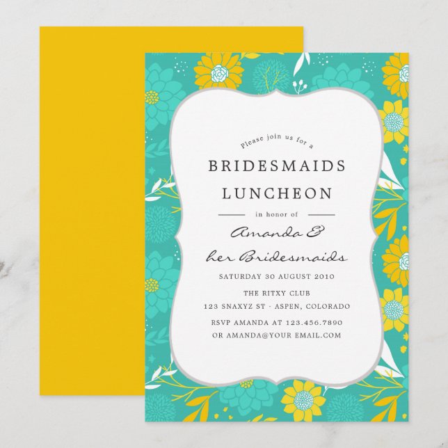 Yellow and Teal Floral Bridesmaids Luncheon Invitation (Front/Back)