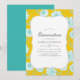 Yellow and Teal Floral Quinceañera Invitation