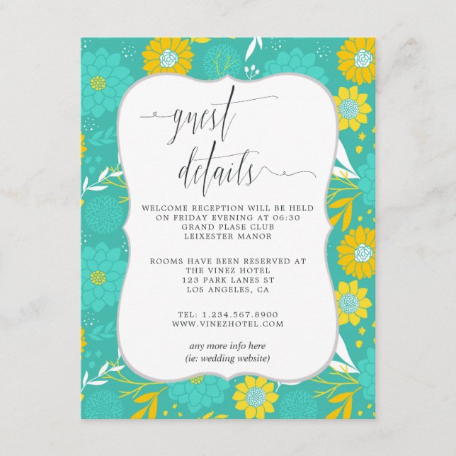 Yellow and Teal Floral Wedding Guest Details Enclosure Card (Front)