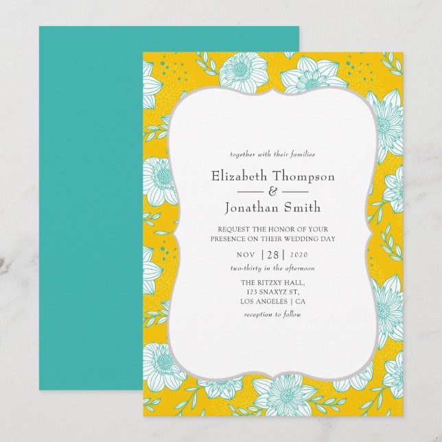 Yellow and Teal Floral Wedding Invitation (Front/Back)